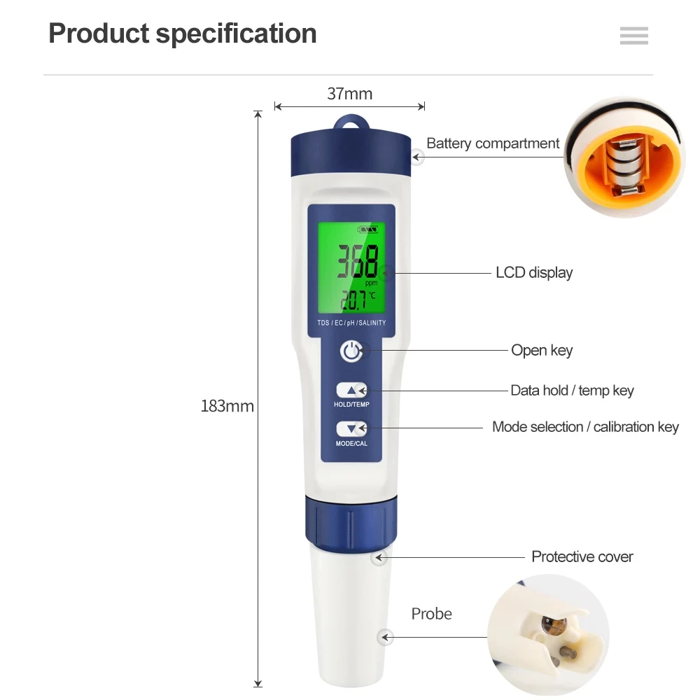 Ec Meter Digital - 5-in-1 Digital PH TDS EC Salinity
